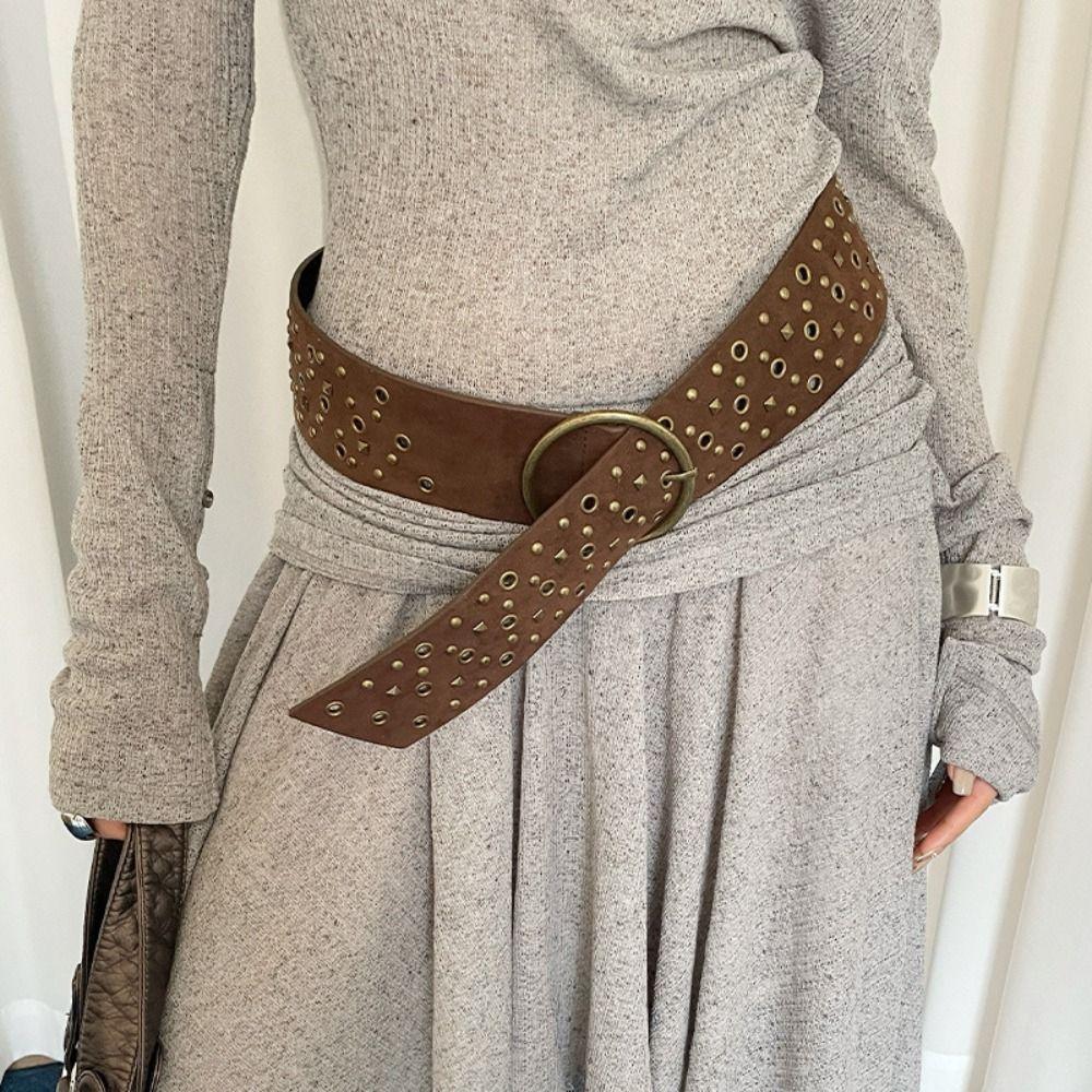 Harajuku Wide Waistband Rivet PU Leather Belt Retro Cowgirl Belt  Dress