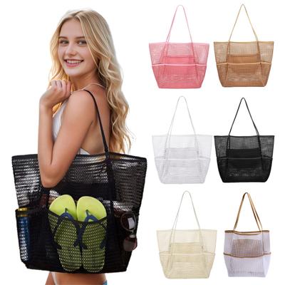 Travel Mesh Tote Bag with Large Pocket Large Capacity Water Resistant Sand-proof Woven Shoulder Handbag Beach Bag
