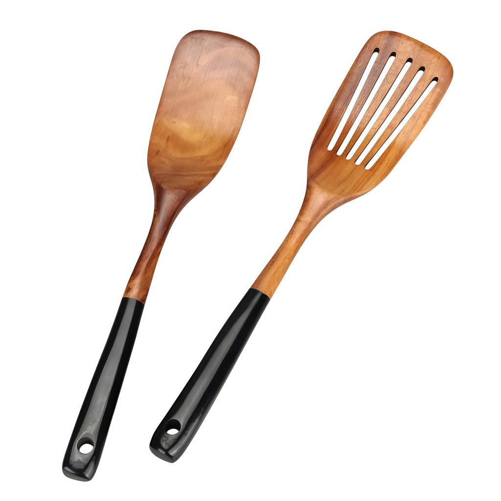 2Pcs/Set Acacia Wood Cooking Utensil Long Handle Spatula+Slotted Spatula Kitchen Tools (BPA Free, No FDA)
