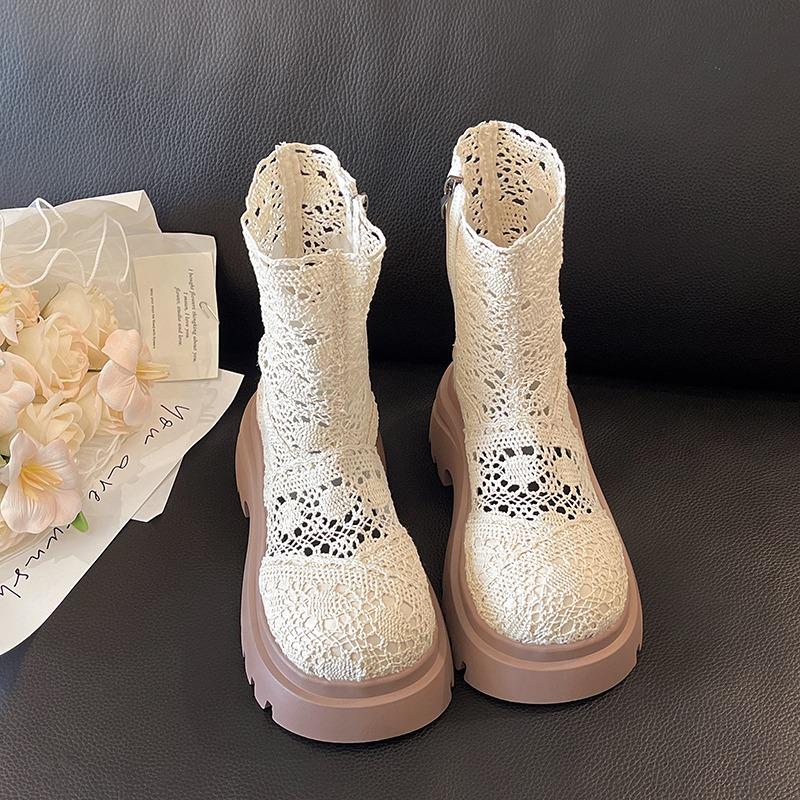 

Fashion Women Hollow Mesh High Heels Short Boots Summer Platform Woman Shoes Designer Classical Sandals 2025 New Trends Zapatillas Mujer 35 абрикосовий