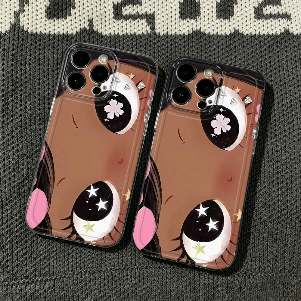 Fashion Stripe Anime Big-Eyed Girl Silicone Case For Iphone 13 16 Plus 12 15 11 17 14 Pro Max Trendy Striped Cover