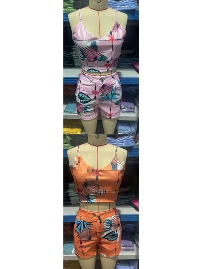European and American Women's Summer Spaghetti Strap Slim-Fit Printed Shorts Set