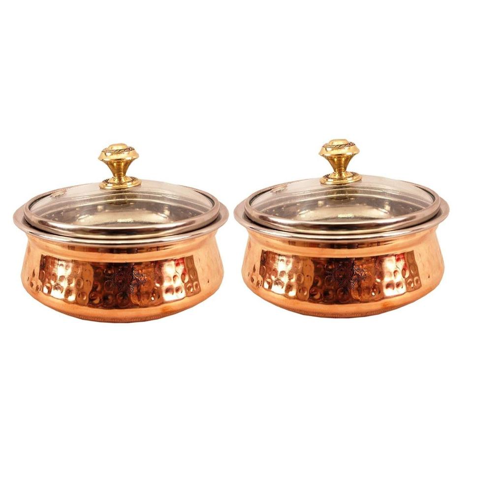 Steel Copper Hammered, Polished Serving Handi with Glass Lid 400 ML - Serving Dishes Chicken Briyani Vegetables Home Hotel Restaurant