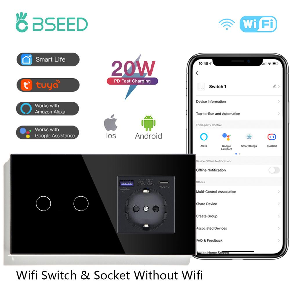 BSEED 1/2/3Gang Wifi Wall Touch Switches 2/3Way Smart Switch With 20W Type-C USB EU Socket Support Tuya Smart Life Google Alexa