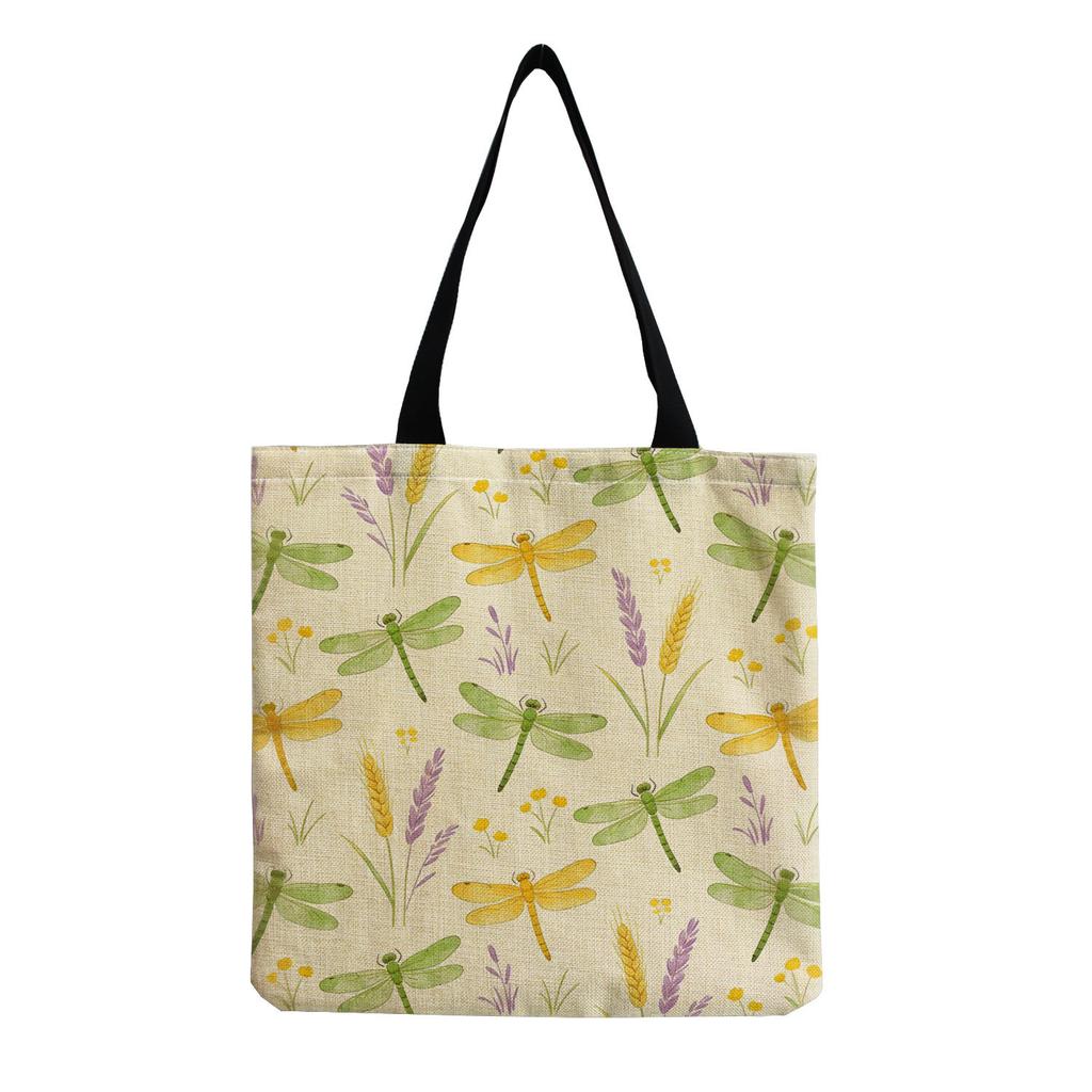 Women Vintage Linen Tote Bag - Large Capacity Dragonfly Print Shoulder Handbag for Casual & Grocery Shopping KTB