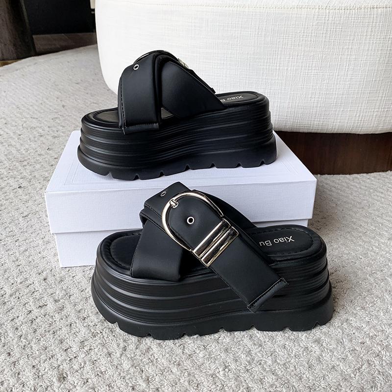 Fashion NEW 8CM Heels Wedge Slides Sandals Women Casual Outdoor Slippers Female Summer Buckle Beach Slipper Walking Chunky Shoes Woman