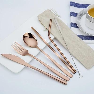 6 Ps/set Portable Outdoor Travel Dinneware Set 304 Stainless Steel Knife and Fork Spoon Straws Tableware Set