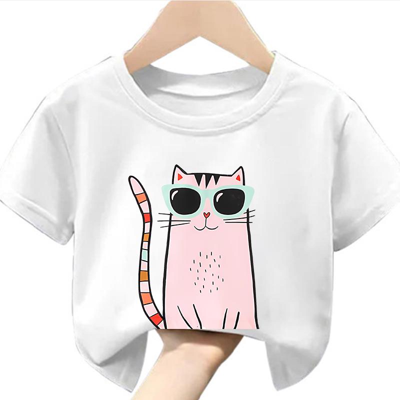 New Cat Print Girls Short Sleeve TShirt Childrens round Neck Summer Top Kids Fashion Casual Wear
