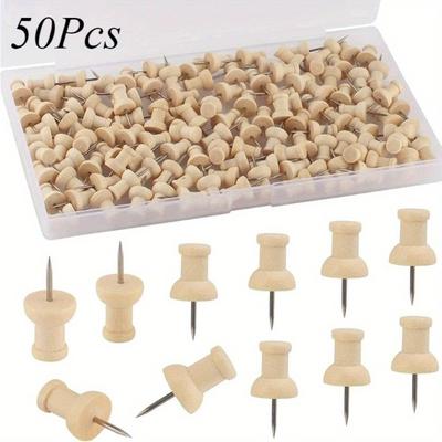 50Pcs Wooden Push Pins Cork Drawing Pins Wood Thumb Map Tacks for Cork Boards and Home Office Craft Projects
