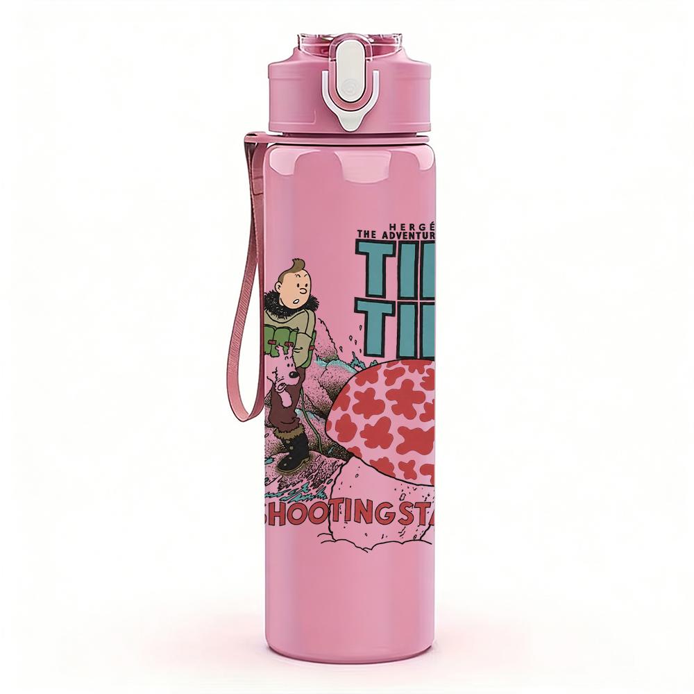 1PC Retro Street Band Collage Print 750ml colorful plastic sports water bottle leakproof pop up lid with straw for outdoor work home use
