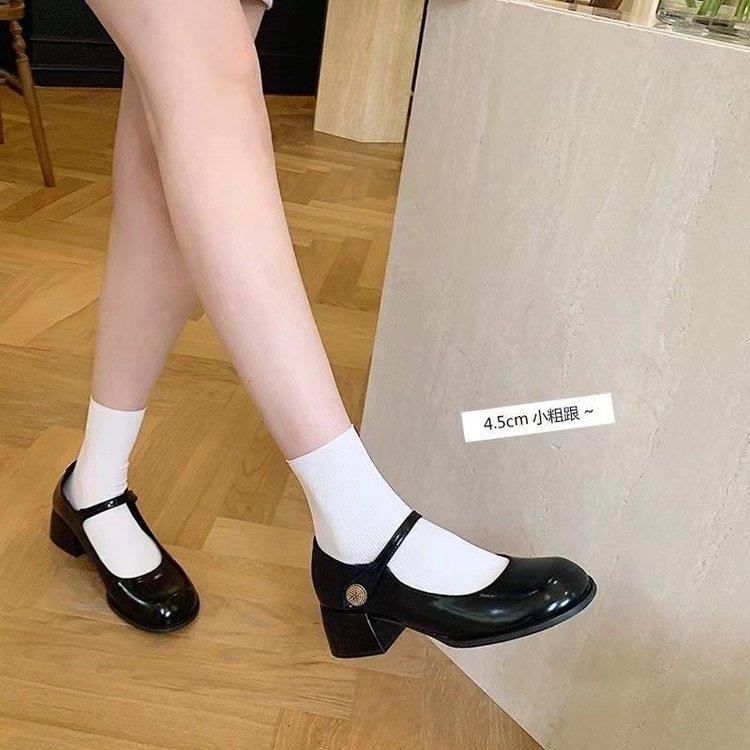 2025 Women's Round Toe One-Strap Mary Jane Shoes Spring Autumn Thick Heel Genuine Leather Mid-Heel Low-Cut High Heels