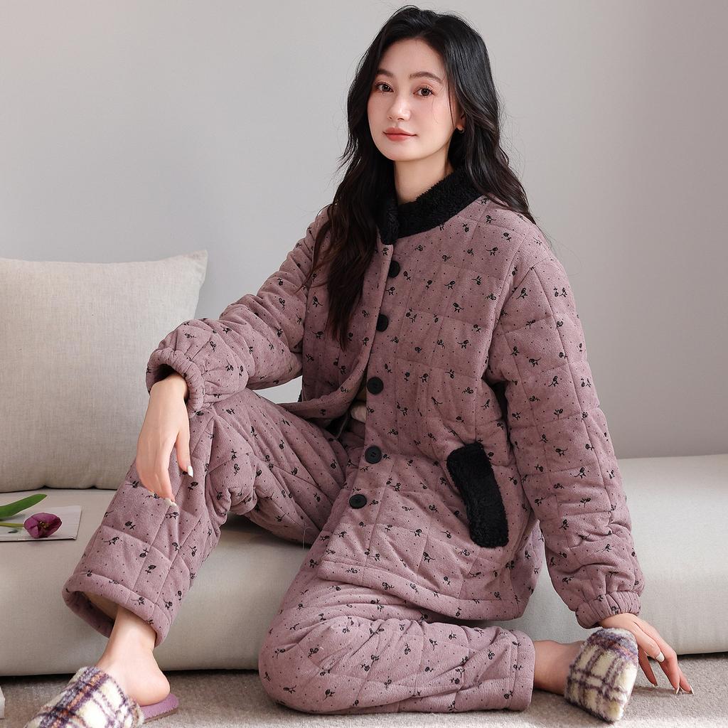 Pajamas Women's Winter Coral Fleece Three-layer Thickened Padded Jacket Winter High-end Winter Wearable Loungewear Set