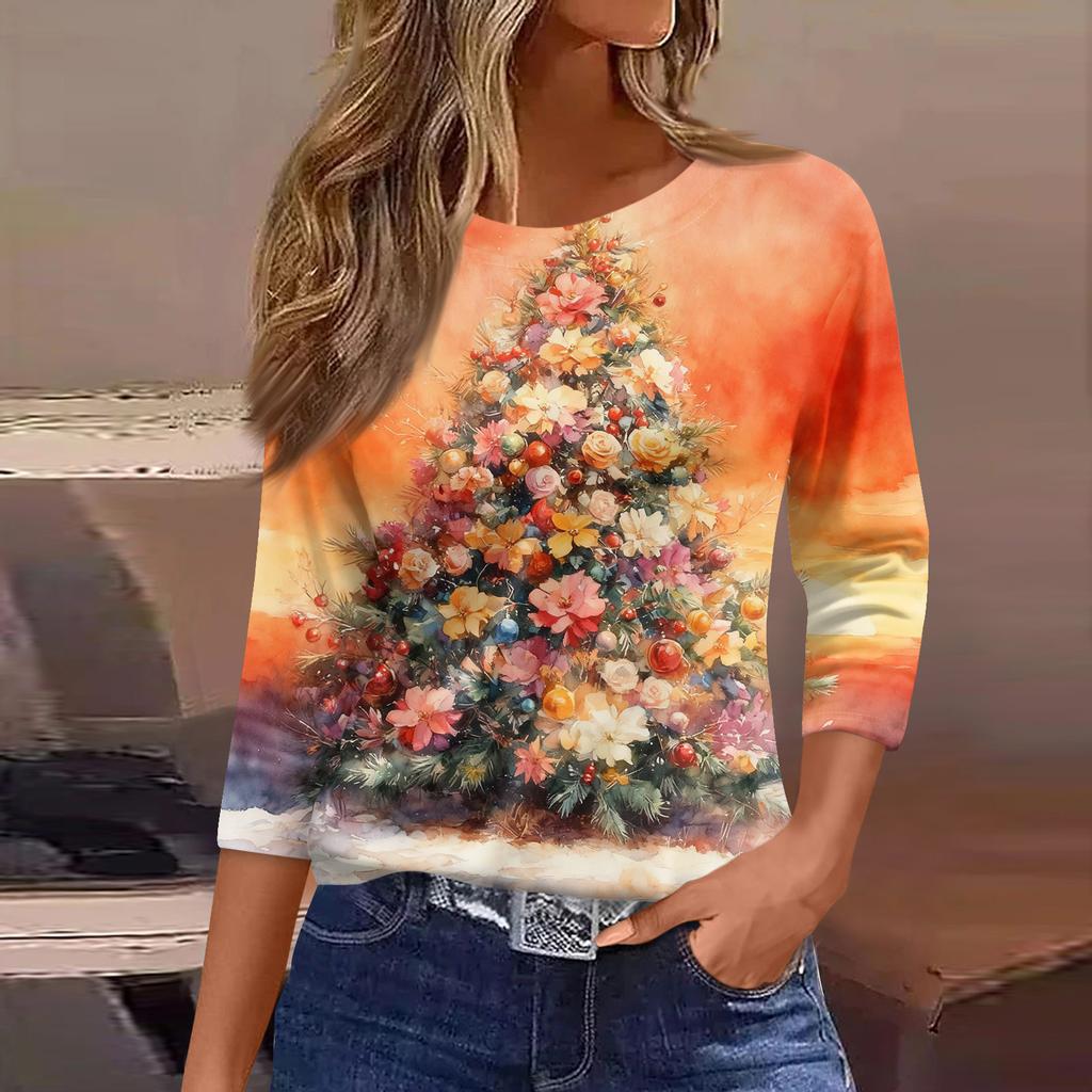 3/4 Sleeve Shirts For Women Print Graphic Tees Blouses Casual Plus Size Basic Tops Pullover