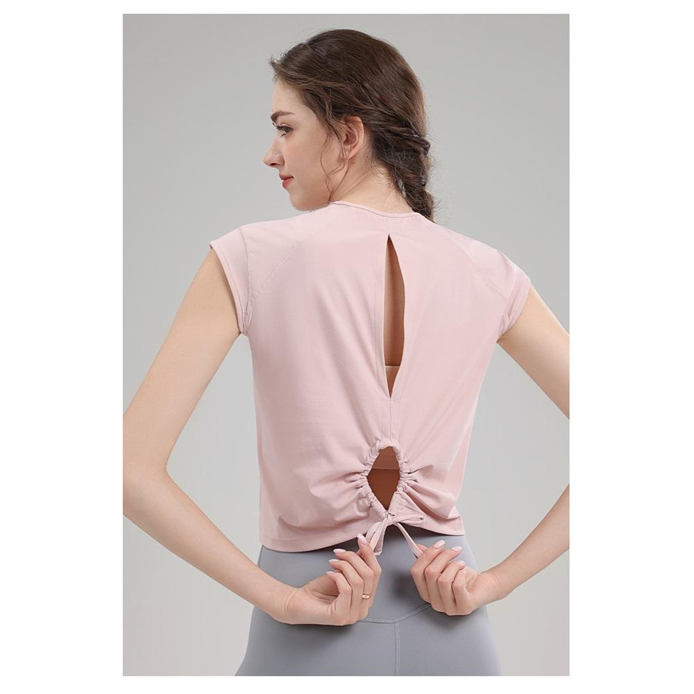 New Yoga Short Sleeved Women's Hollow Back Sports T-shirt With Drawstring, Wrinkle, Breathable Outdoor Sports Running And Fitness Clothing