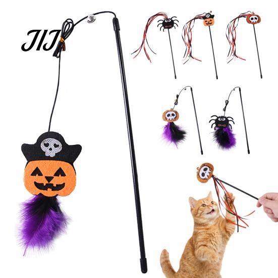Spooky Spider Pumpkin Skull Toys Halloween Cat Wand Toy, Interactive Toy with Feathers And Bell, Designs, Ribbon for Indoor Cats Lightweight