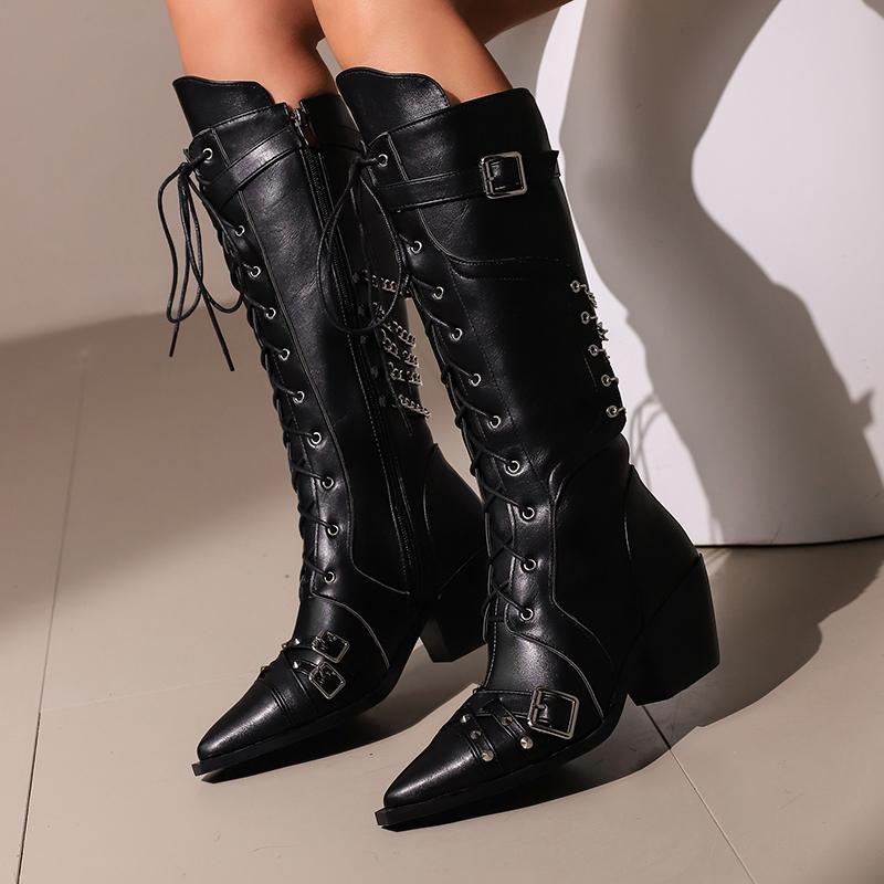 Punk Black White Boots Women's Back Chain Decor Shoes Knee High Boots Pointed Toe Leather Lace Up Chunky Heels Footwear