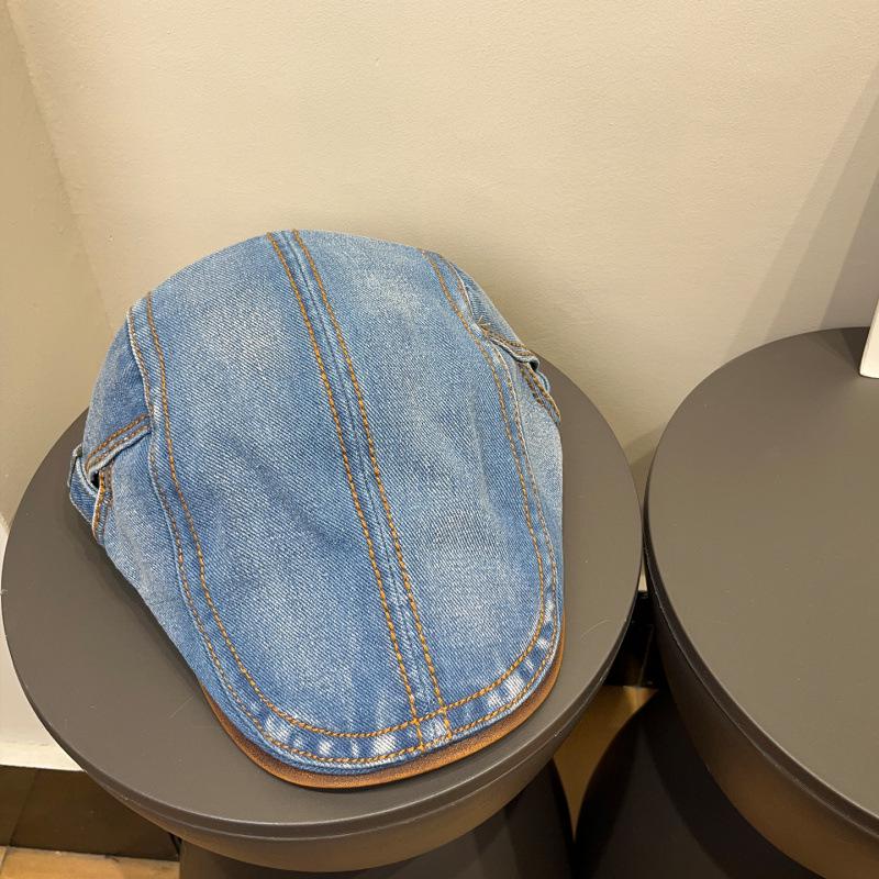 Women's Retro Washed Denim Duckbill Flat Cap with PU, Versatile Face Slimming Design, Spring-Autumn Backwards Beret.
