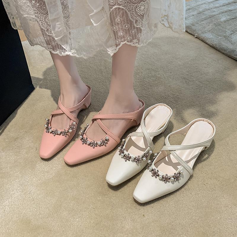 Fashion 2025 New Fashion-style Pearl Cross-strap Half Slippers Square Toe Shallow Mouth Heightened Temperament Sandals and Slippers