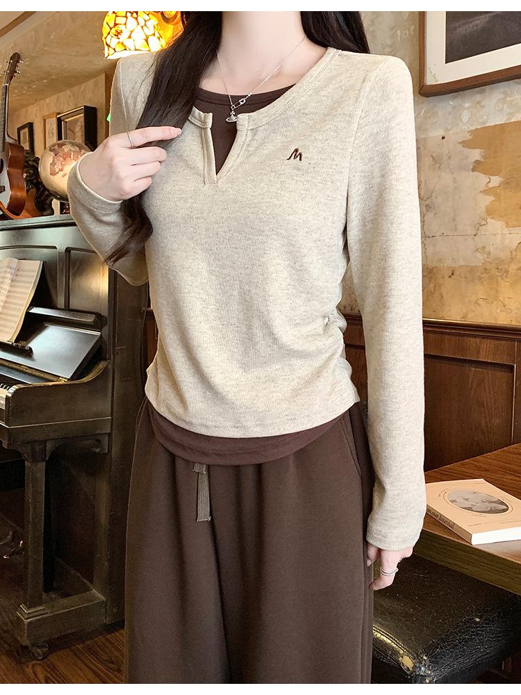 Women's 2025 Autumn Patchwork Pleated Waist Two-Piece Look Long-Sleeve Slimming Top