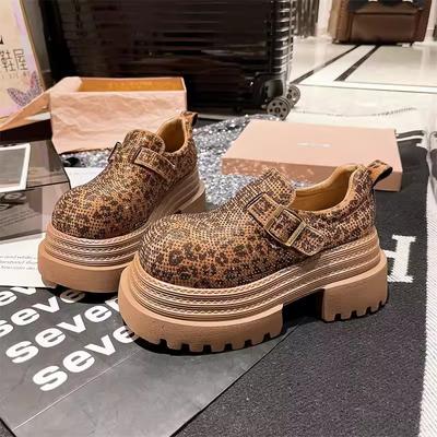 Spring Chunky Shoes Women's Fashion Round Head Deep Mouth Crystal Leopard Print Metal Buckle Waterproof Platform Heels