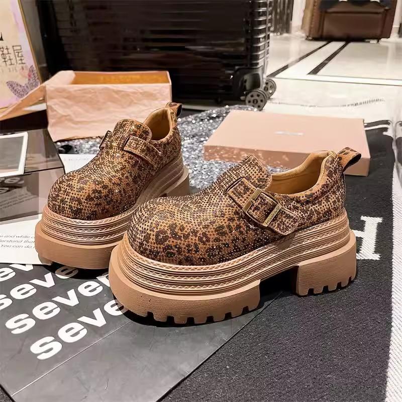 

Fashion Spring Chunky Shoes Women s Fashion Round Head Deep Mouth Crystal Leopard Print Metal Buckle Waterproof Platform Heels 40