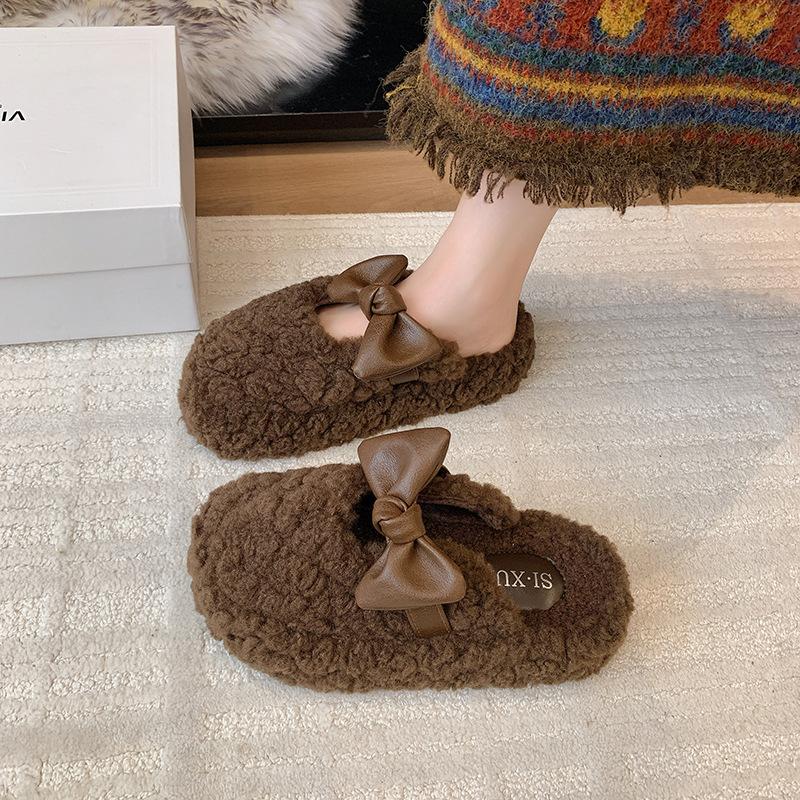 Bow Leopard Print Fluffy Shoes for Women's Outer Wear 2025 Autumn and Winter Sweet and Warm One-pedal Cotton Drag Velvet Bean Shoes