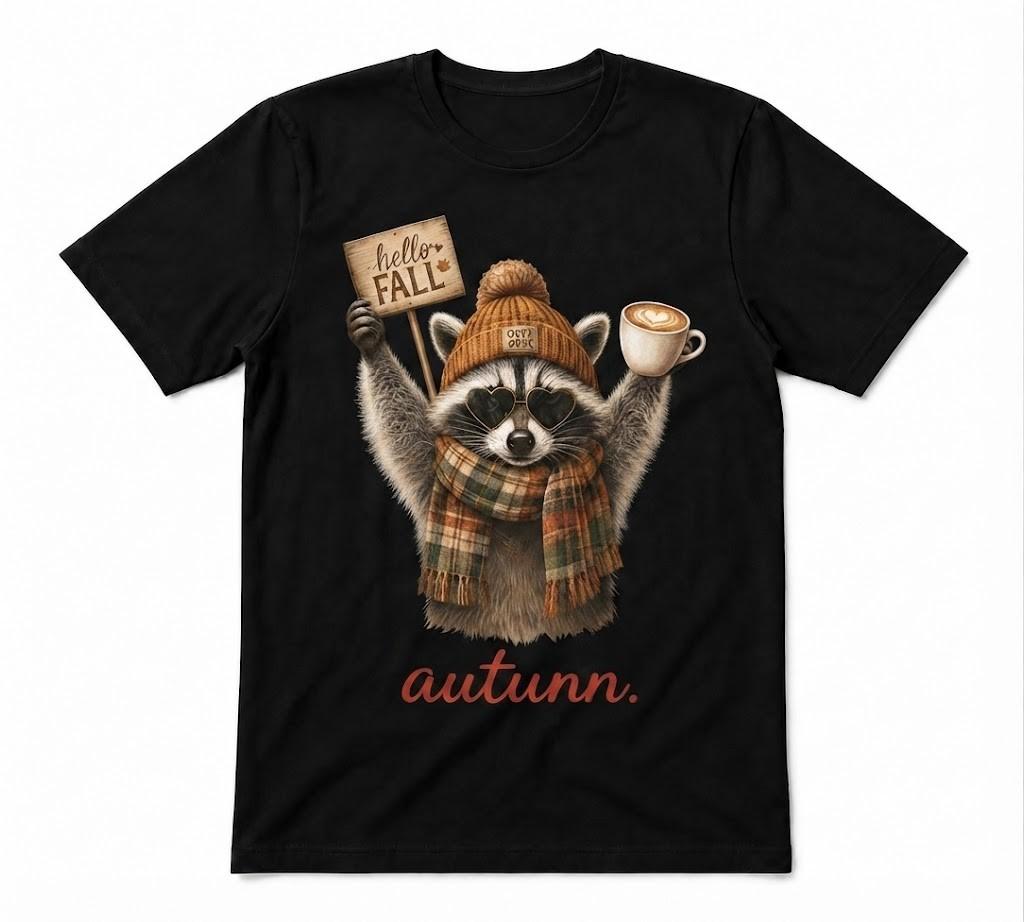 Autumn Raccoon Hello Fall Coffee Lover Raccoon Funny Black T-shirt