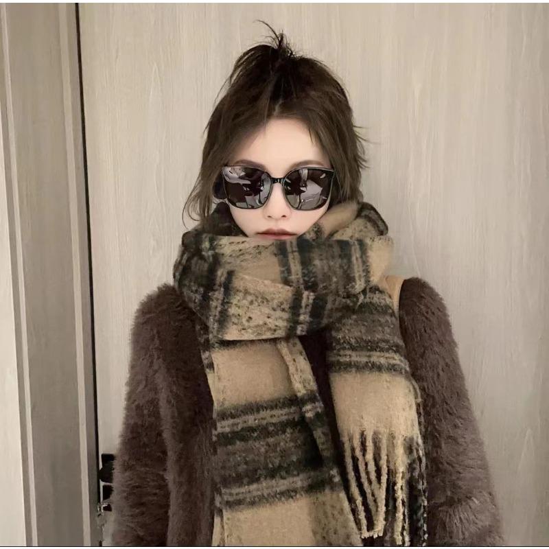 Versatile Maillard Scarf for Women Autumn and Winter Thickened Mohair Scarf Plaid Fashion Korean Style Tassel Shawl