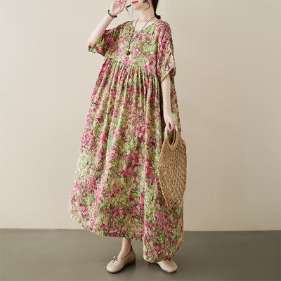 Print Floral Prairie Chic Vintage Oversize Dress Women Summer Holiday Outdoor Travel Beach Casual Long Dresses Thin Light Cotton