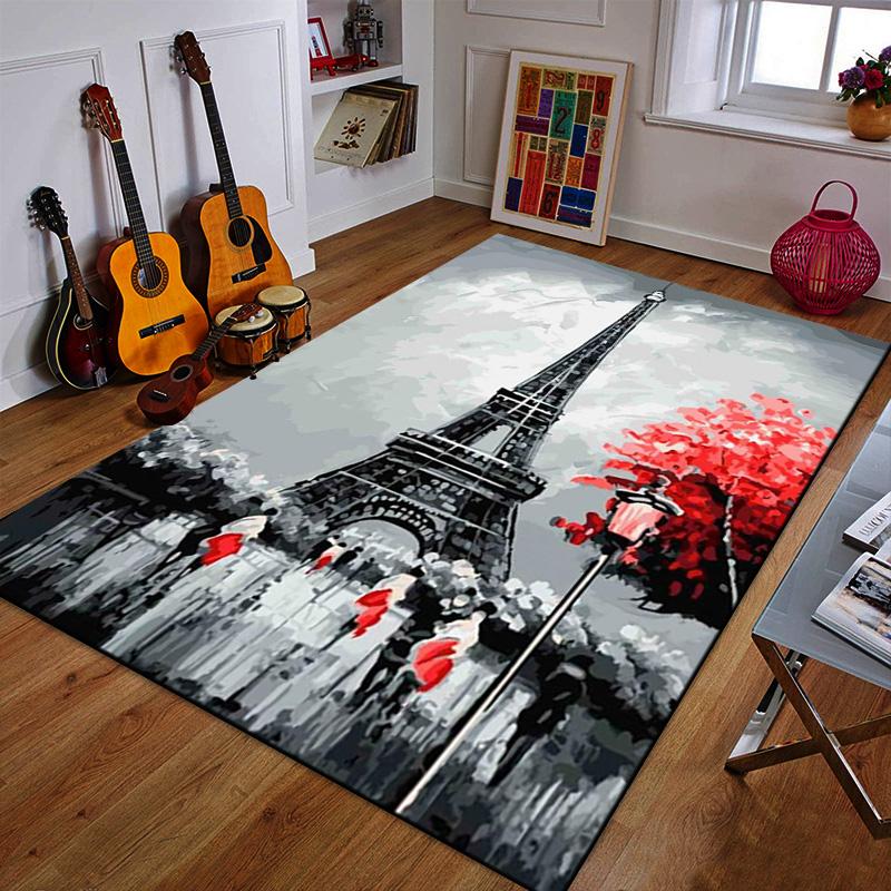 Eiffel Tower with Red Tree Illustration Patterned carpet a non slip rug suitable for all seasons and any setting, gift
