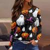 Women's Fashion Long Sleeve Neck Top with Hem Slit Halloween Print for Party
