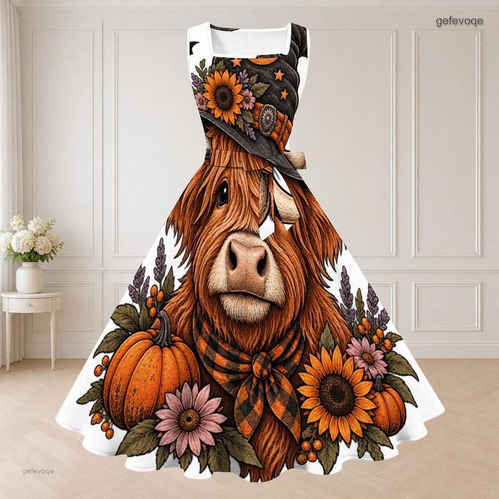Women Plus Size Two Piece Dress Set Short Sleeve Cropped Shrug Sleeveless Square Neck Tie Waist Flared Bear Pumpkin Printed