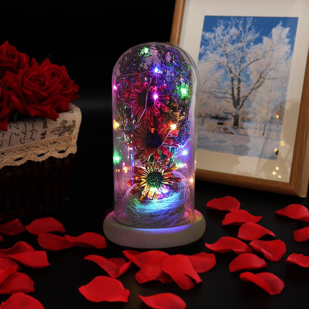 Preserved Flower Glass Dome Artificial Simulation Sunflower with LED Light for Valentine"s Day