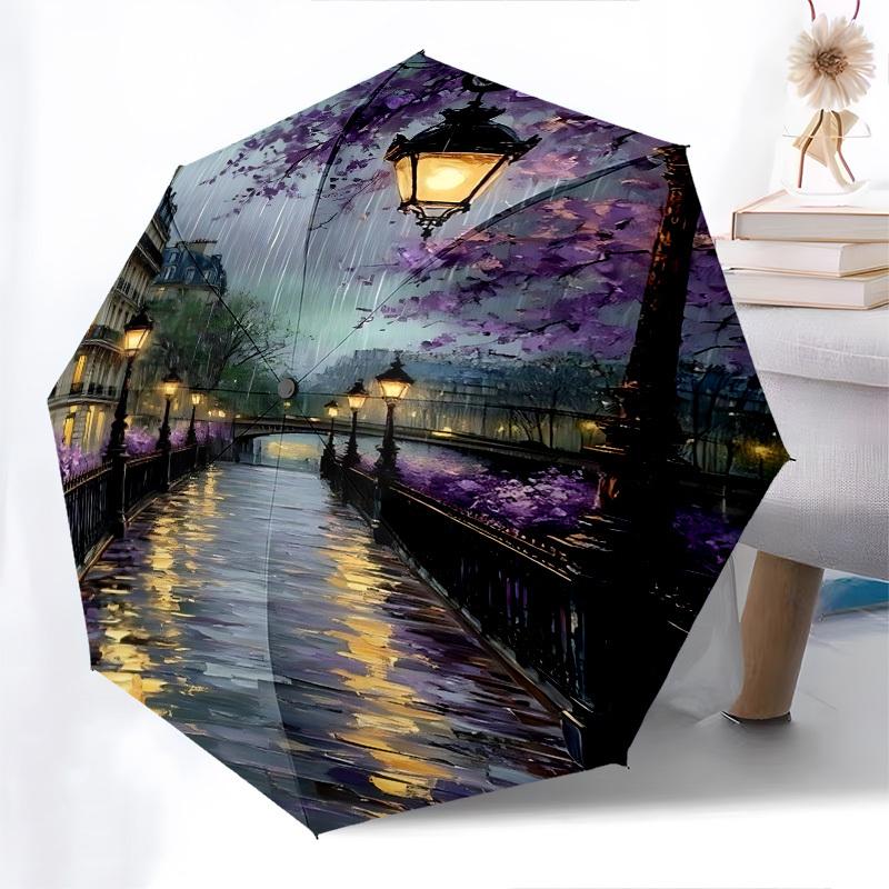Ombrello Automatico Apri e Chiudi a Tema Fiori Viola del Canale Parigino, Ombrello Portatile Colorato con 8 stecche, Adatto per Uomini e