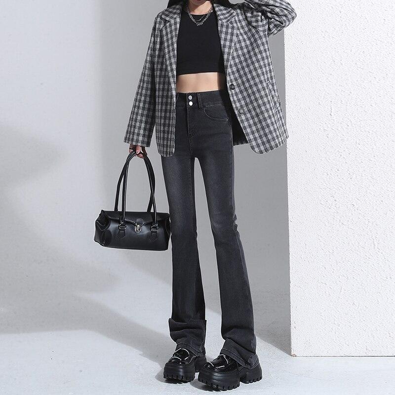 

2022 весна осень новые корейские однотонные брюки расклешенные джинсы женские прямые облегающие брюки с высокой талией стрейч винтажные женские брюки XL серый