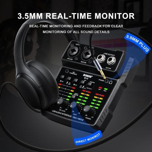 BOMGE M12 Audio Interface, 2-Channel Mixer with XLR/3.5mm Mic Input, 48V Power Supply, Sound Card for PC Recording/Studio/Live