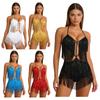 Damen Bauchtanz Bodysuit mit Fransen Pailletten Quasten Ausgeschnitten Rückenfrei Glänzend Jumpsuit