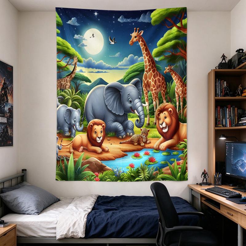 Wall Tapestry Safari Animals Night Moon Waterhole Art