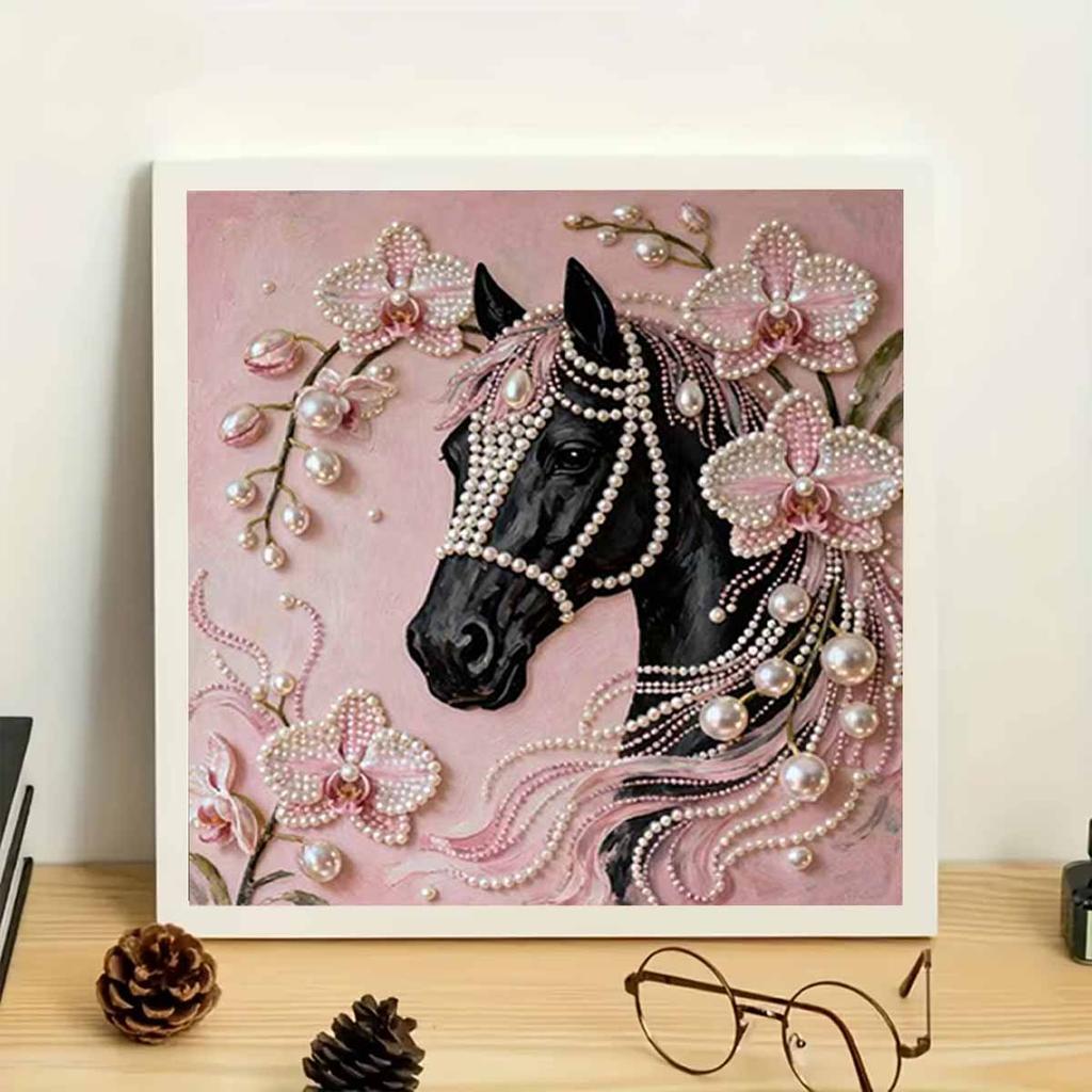 Black Horse Full 5D DIY Pearl Gem Art Diamond Painting Kits for Adults/Beginners Gift Idea Home Decor 11.81x11.81in
