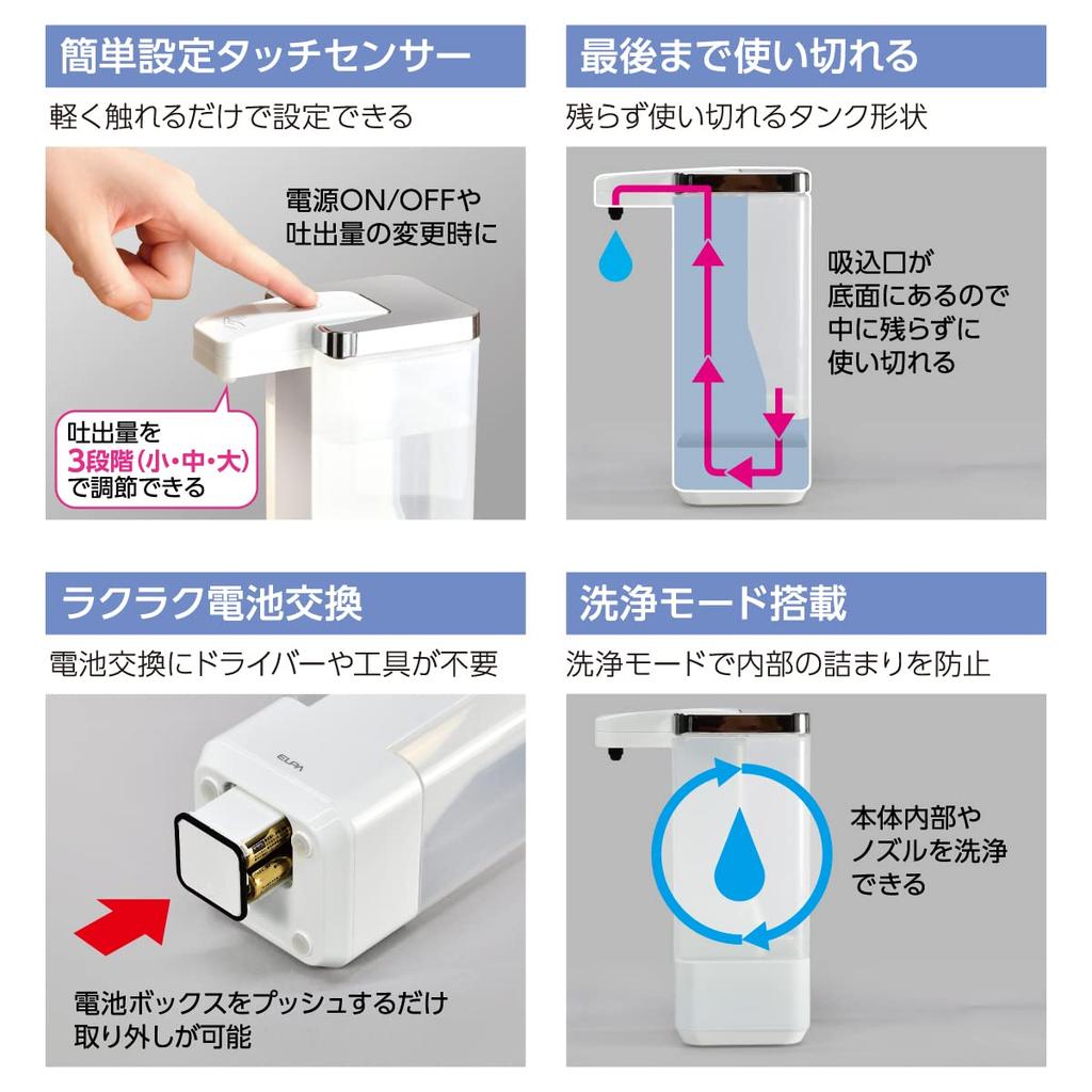 ELPA Handseifenspender, Weiß, Schaumtyp, 500ml Tank, Automatisch, Wasserdicht, Vollständig entleerbar, Einfach Deckel abnehmen und gießen (ESD-09AS)