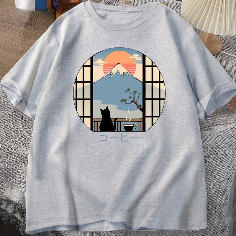 Coffee Cat in Mt Fuji Tshirt Unisex Women Round Neck Short Sleeve Tshirt Japanese Style Printed TShirt Cotton Oversized Tops