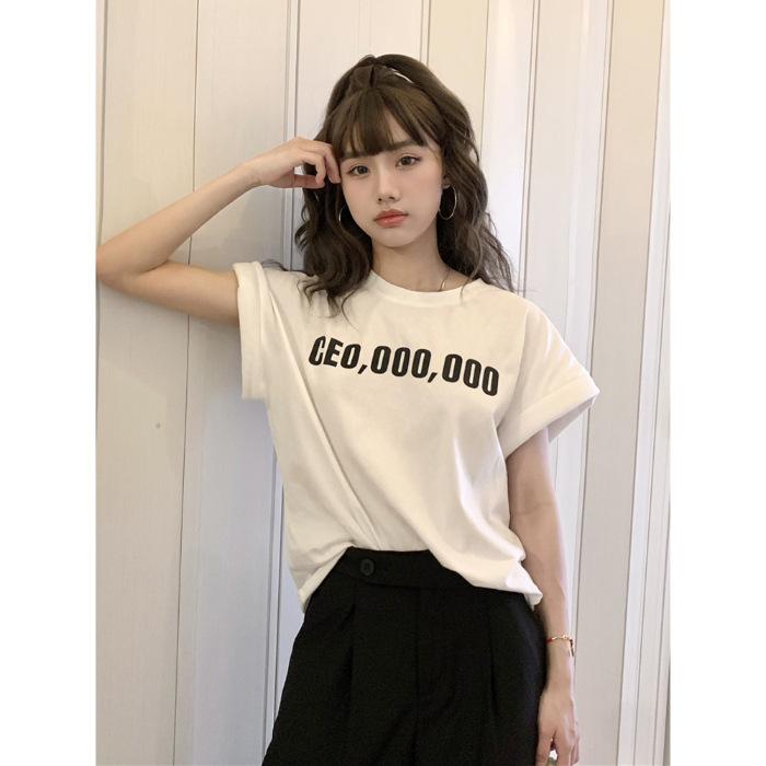 

Summer pure cotton chic Hong Kong flavor niche chic flying sleeve T-shirt women s unique design sense loose and thin top set S