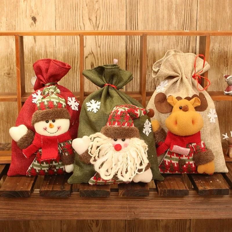 Large Christmas Linen Drawstring Gift Bag Candy Snack Packaging Bag New Year Holiday Cartoon Apple Stocking Christmas Decoration