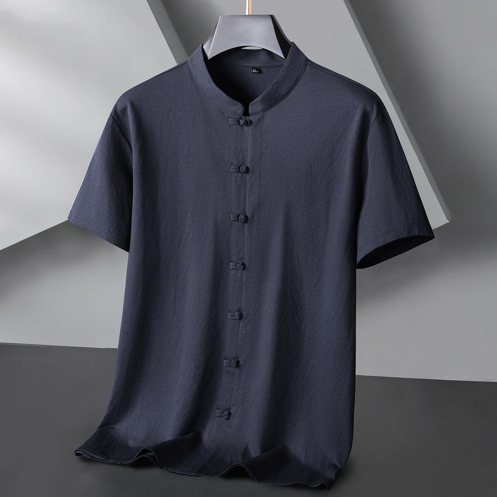 Fat brother, loose Chinese retro stand-up collar short-sleeved shirt, summer plus size men's Tang suit half-sleeved shirt