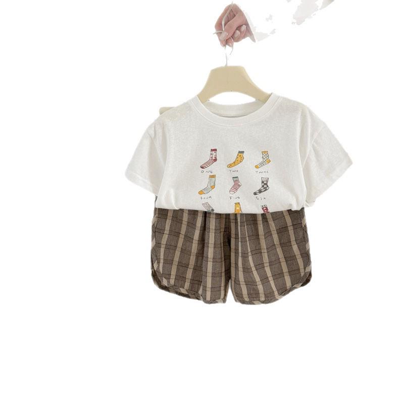 Boys' Short-Sleeve Cartoon T-Shirt and Plaid Shorts Set - Unisex Infant Summer Outfit