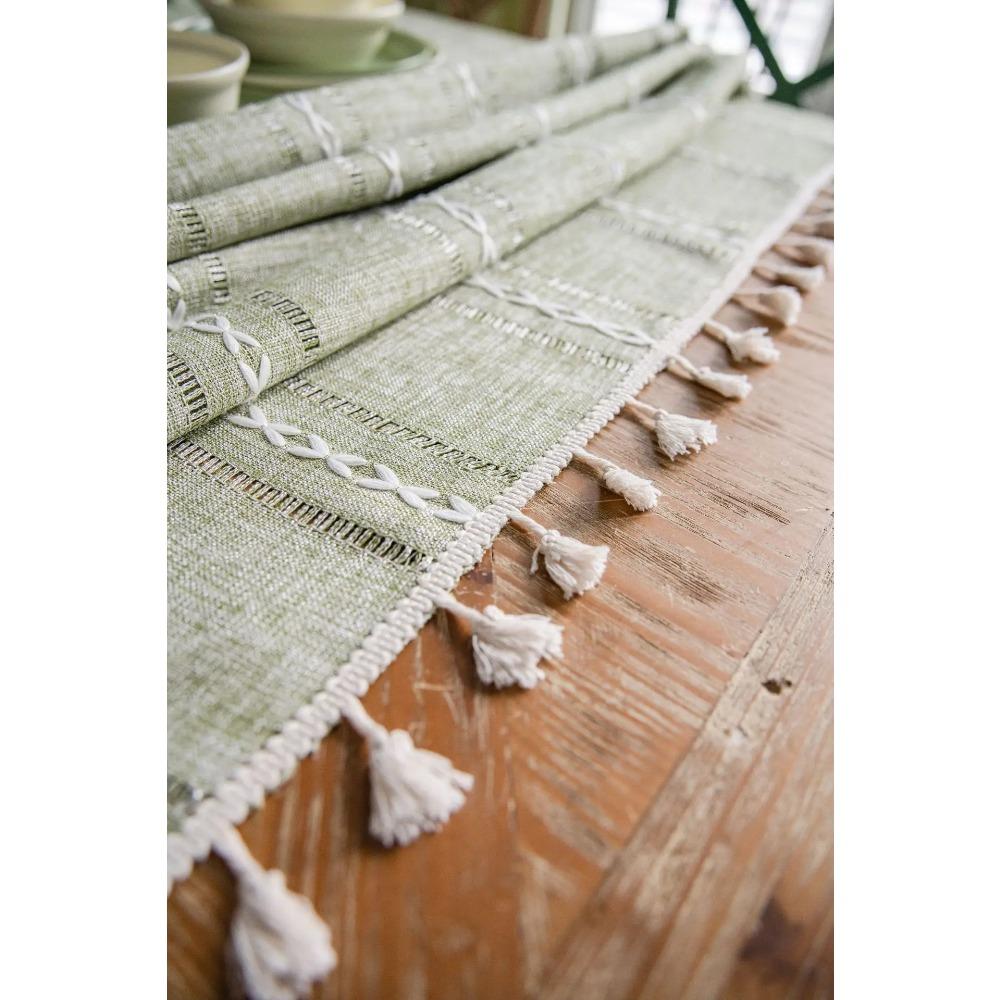 Cotton Linen Stripe Tassel Tablecloth Stain Resistant Dust-Proof Table Cover For Kitchen Dinning Tabletop Decoration Rectangular