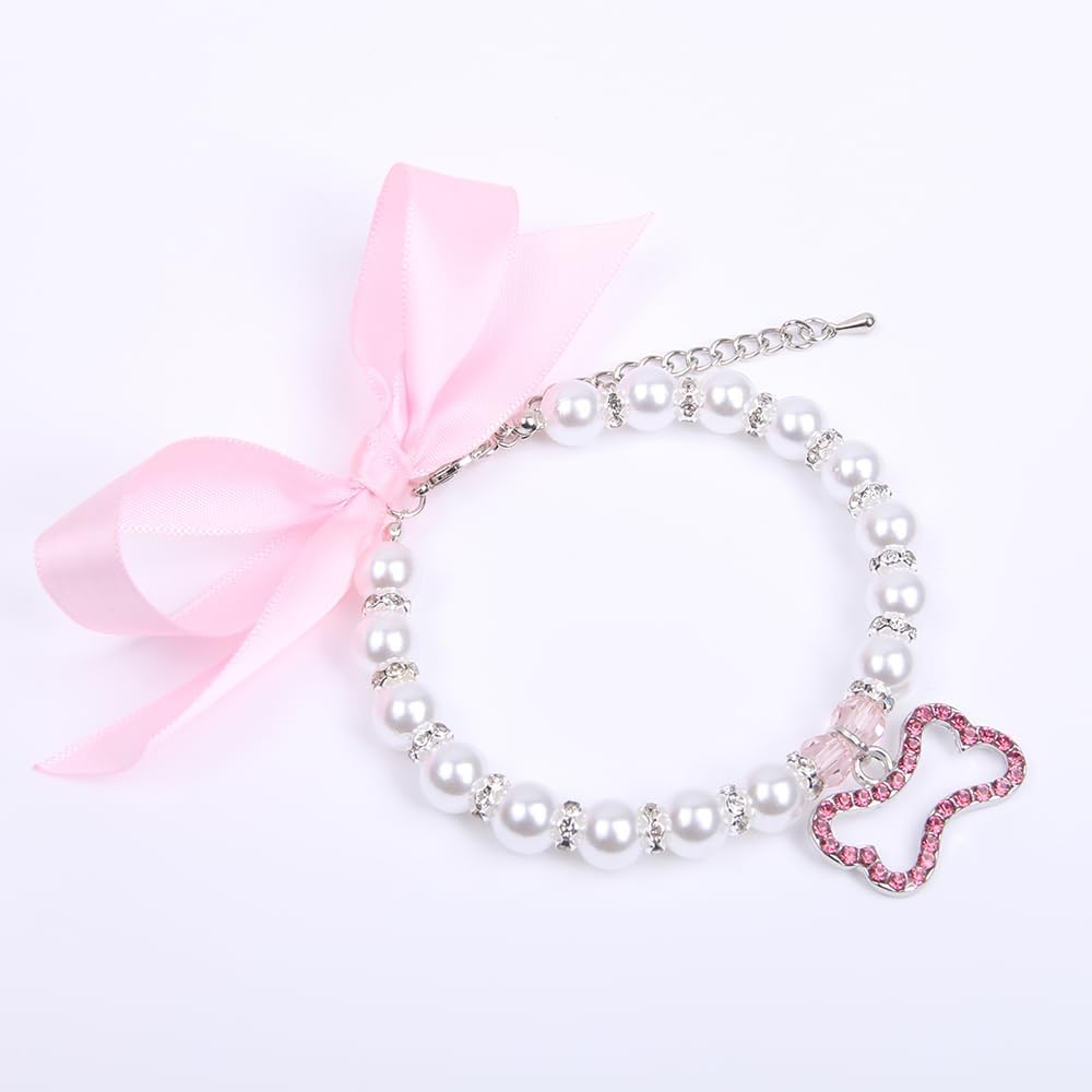 Dog Cat Pearls Necklace Collar with Rhinestones Bone Charm Pendant Pet Puppy Jewelry Accessory (Pink, Small)