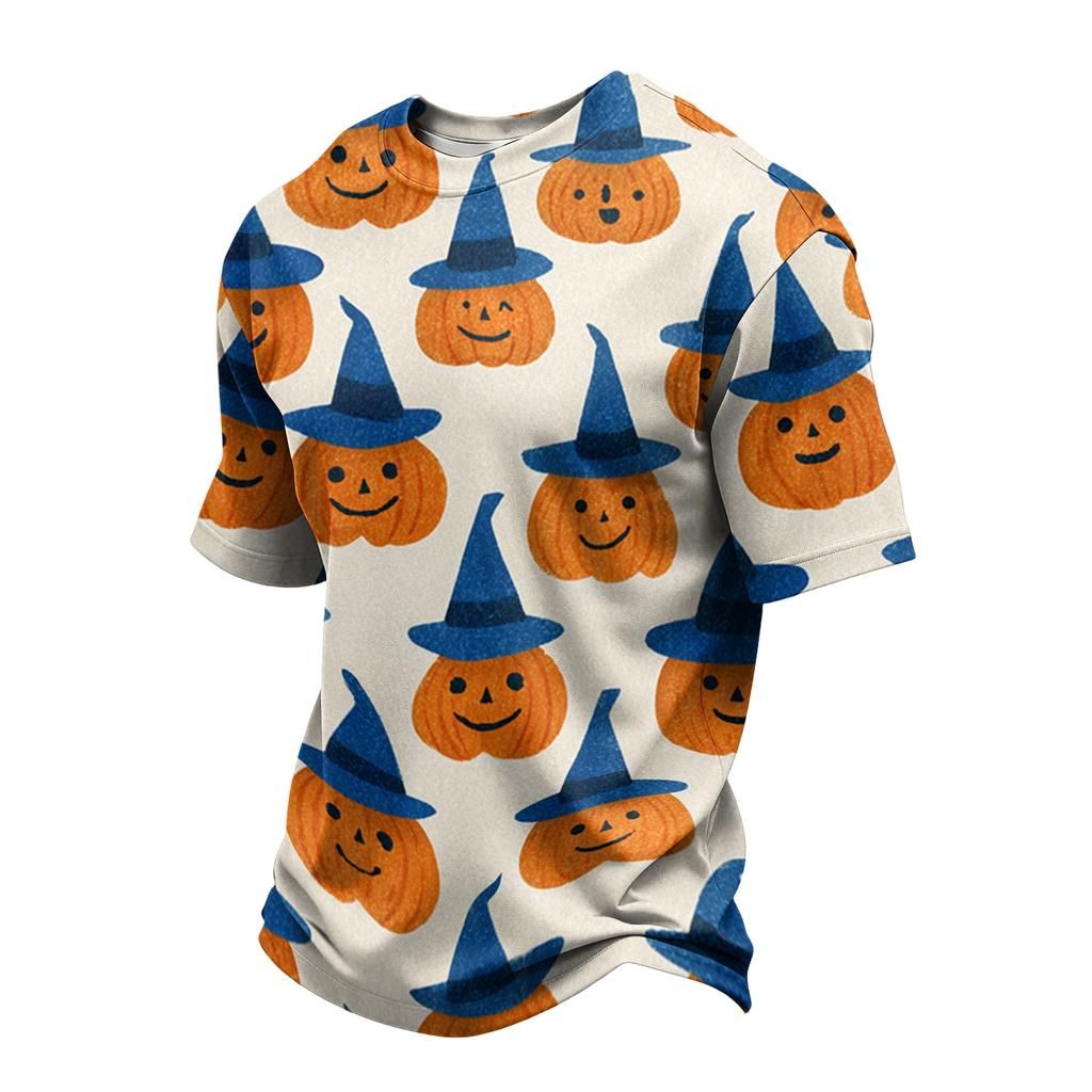 Men's Casual Short Sleeve T-Shirt Lightweight Breathable Fabric Crew Neck Halloween Pumpkin Print Comfortable Fit