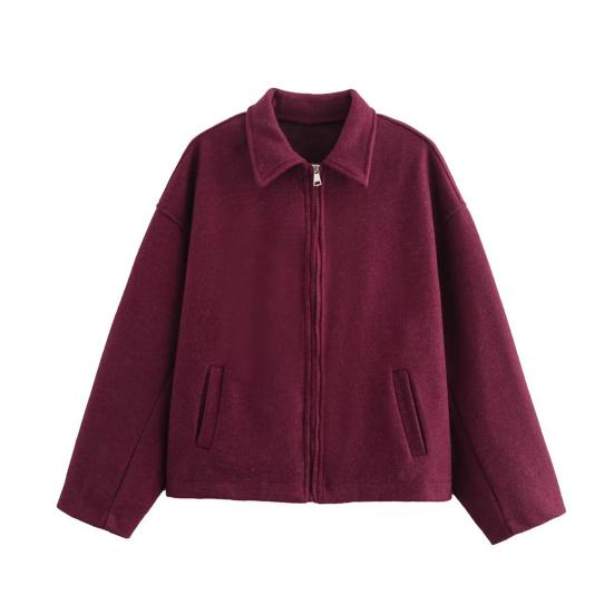 

Жіноча вовняна куртка на блискавці з довгим рукавом, лацканами, коротка, в стилі горошок , повсякденна, для осені та весни, верхній одяг з кишенями M вина червоного кольору