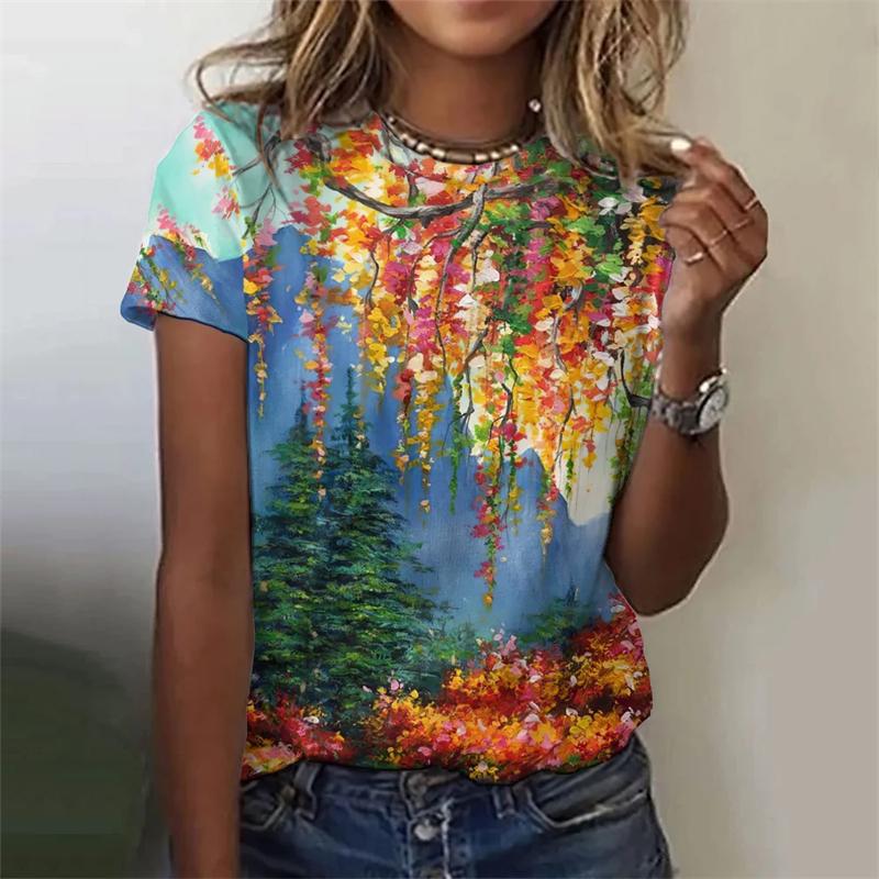 2024 Mode Oljemålning T-shirts Mode Blommigt Tema T-shirt Blommiga Växter T-shirts Sommarkläder Basic Oversized Damtoppar